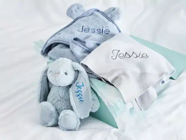 Personalised Blue New Baby Essentials Gift Set With Stripe Blanket - Gifts for Baby Shower