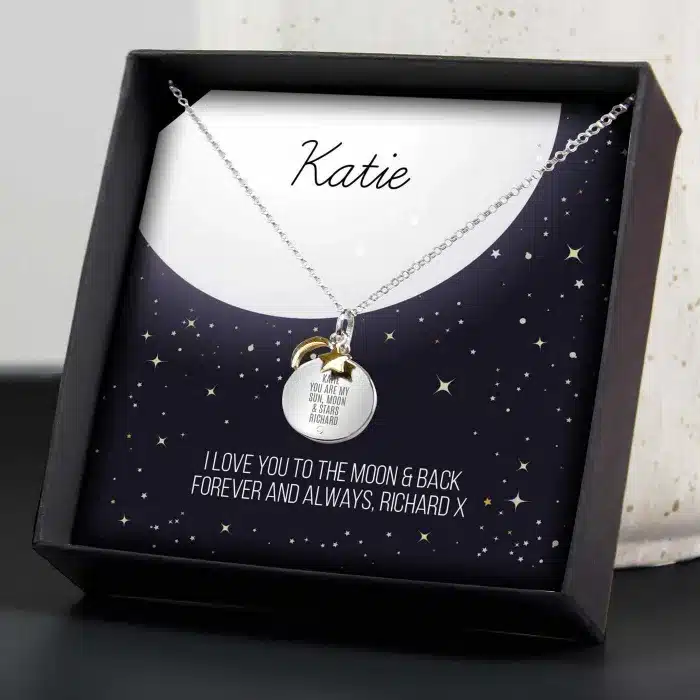 Personalised Sentiment Moon & Stars Sterling Silver Necklace and Box